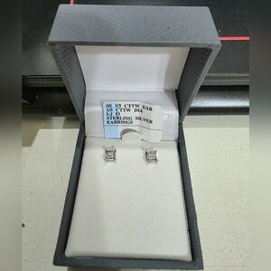 Princess Cut Sterling Silver Diamond Stud Earrings 1/5 CTTW